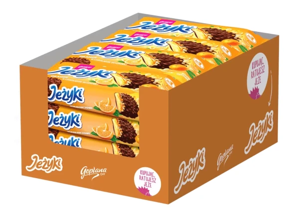 Jeżyki w czekoladzie deserowej pomarańczowe 140g - 20 sztuk w kartonie (20X140G)